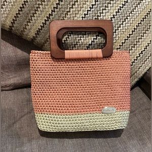 Handcrafted handbag, crocheted with wooden handles. New, never used.